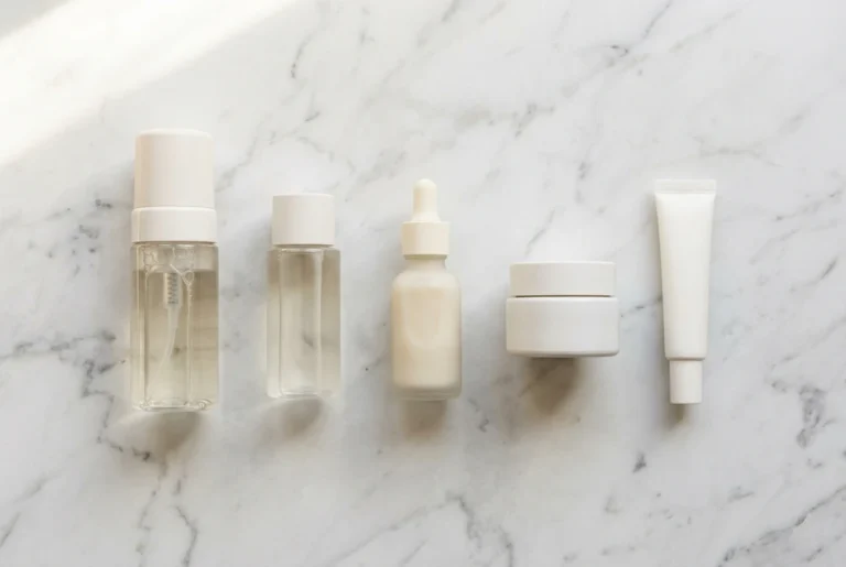 productos de skincare coreano ordenados por pasos sobre superficie de mármol blanco