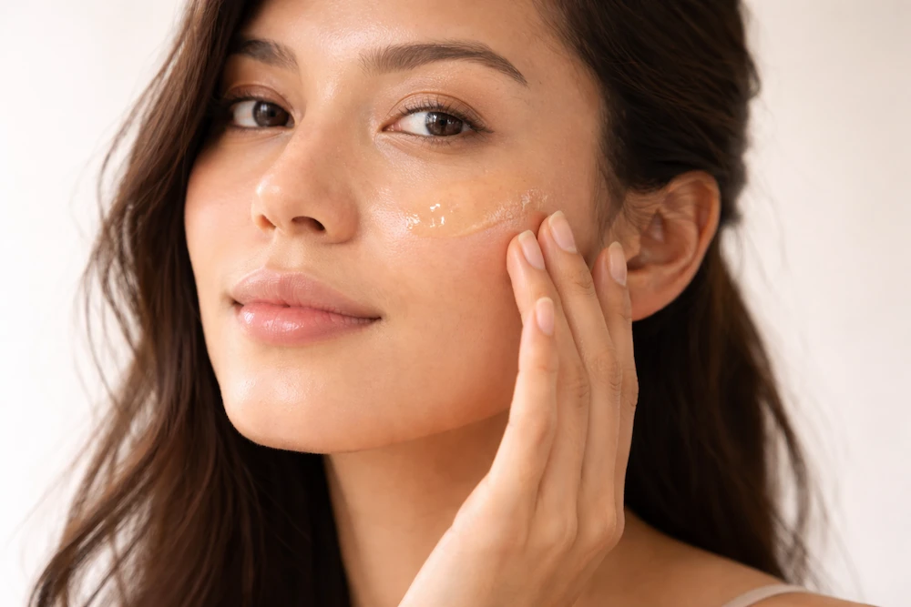 mujer aplicando sérum coreano en el rostro con efecto glass skin luminoso