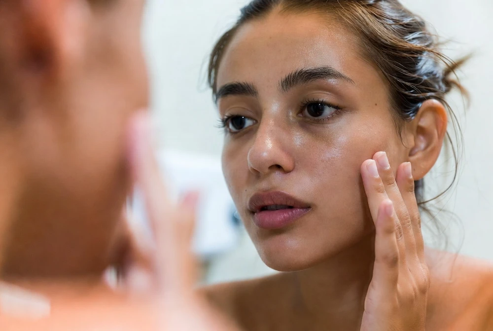 mujer con piel grasa revisando su rostro en espejo