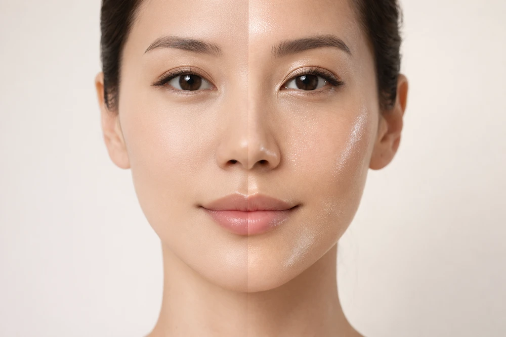 comparativa de textura de piel entre skincare japonés y coreano en rostro femenino