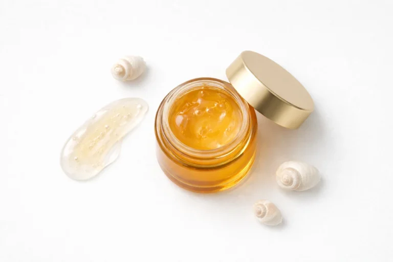 snail mucin o baba de caracol en skincare coreano sobre fondo blanco