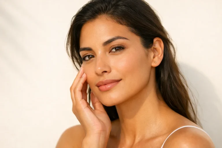 mujer con piel uniforme y protegida tocándose el rostro bajo luz solar suave