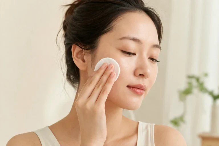 mujer asiática aplicando toner pad sobre el rostro en rutina de skincare coreana