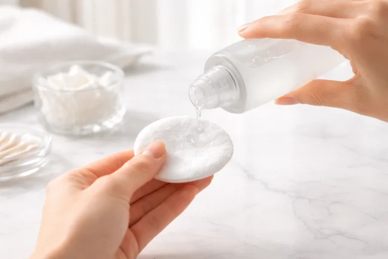 mano aplicando tónico facial con algodón en rutina de skincare