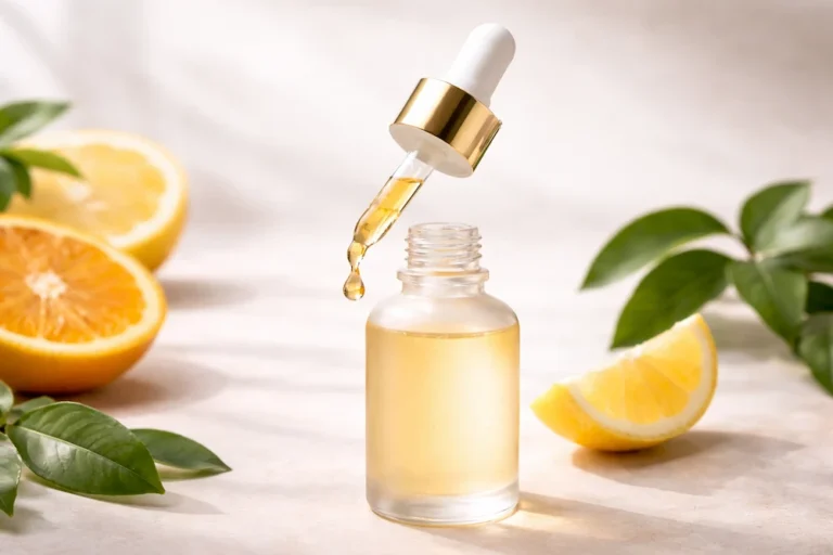 sérum con vitamina C junto a cítricos sobre superficie clara