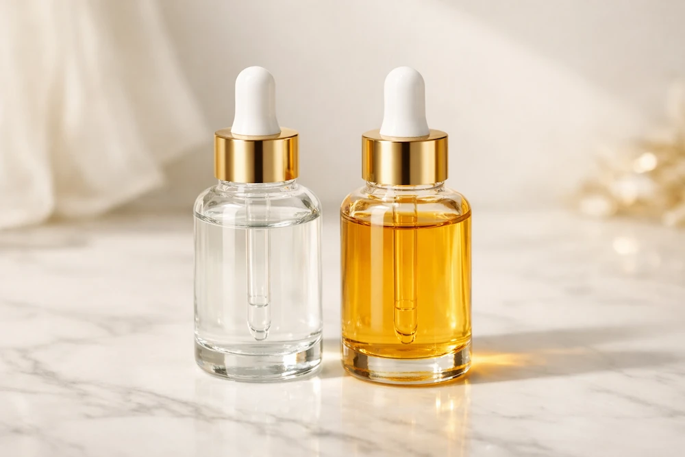 dos frascos de sérum transparente y dorado representando vitamina C y glutatión